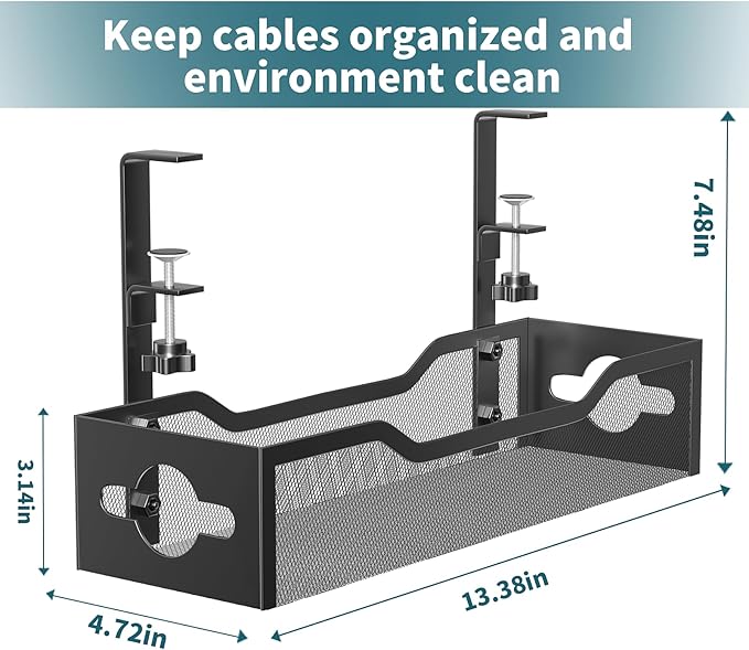 Under Desk Cable Management Tray 2 Pack, Cable Management Under Desk No Drill, Desk Cable Organizer with Clamp Easy to Install for Standing Desk Cord Organizer, Desk Wire Management No Damage to Desk