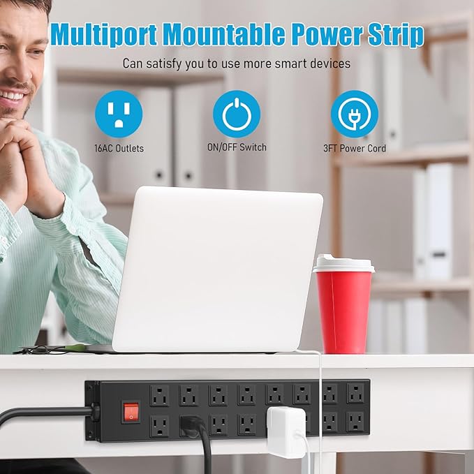 HHSOET Metal 16 Outlet Mountable Power Strip, Wall Mount Garage Workbench Socket, Gaming Table Surge Protector with 3 FT Power Cord.(Black)