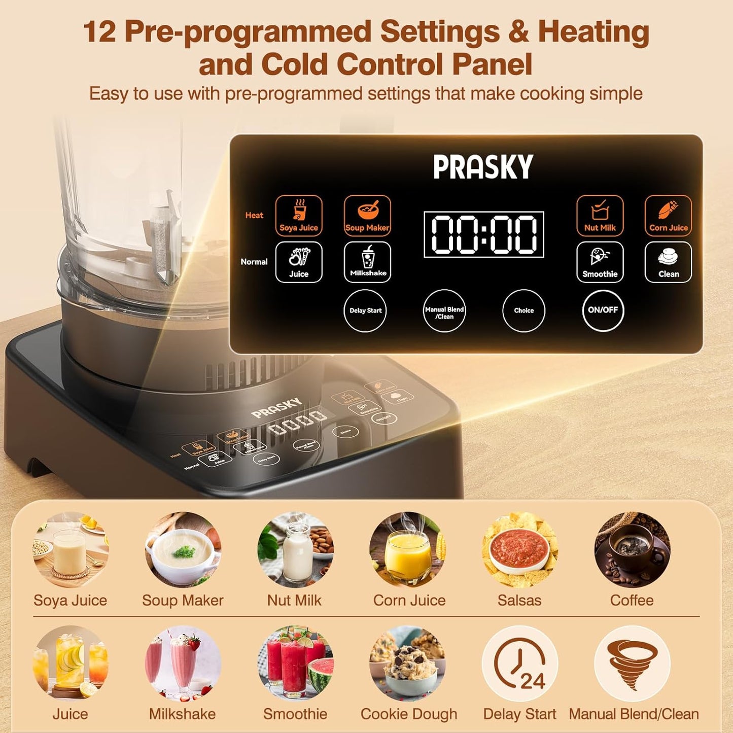 Blenders for Kitchen with Heating, PRASKY 1000W 55oz Glass Blender, 25000 RPM High Speed Professional Blender for Smoothies Shake Juice, Keep Warm & Auto Clean for Ice Crushing Soups Sauces (Black)