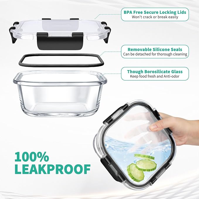 34pcs Glass Food Storage Containers with Lids Set, Airtight Glass Meal Prep Containers (17 Containers & 17 Lids), Leak Proof Lunch Containers BPA-Free, Microwave, Oven, Freezer, Dishwasher Safe