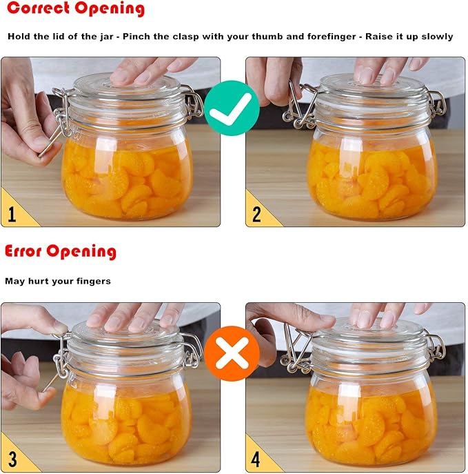 ComSaf Airtight Glass Canister Set of 3 with Lids 34oz Food Storage Jar Round - Storage Container with Clear Preserving Seal Wire Clip Fastening for Kitchen Canning Cereal,Pasta,Sugar,Beans,Spice