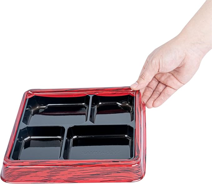 Restaurantware-Bento Tek 17.9 Ounce Meal Prep Containers, 100 Disposable To Go Food Boxes - Lids Sold Separately, 4 Compartments, Red And Black Plastic Bento Lunch Boxes, Freezable, For Take Out