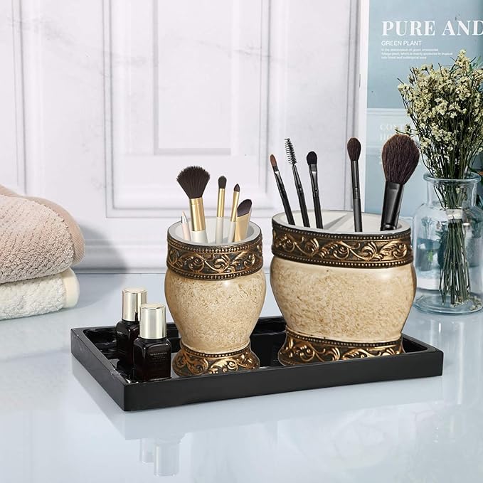 Bathroom Decor Accessories Set,4 PCS Including Soap Dispenser, Toothbrush Holder, Tumbler and Soap Dish, Bronze