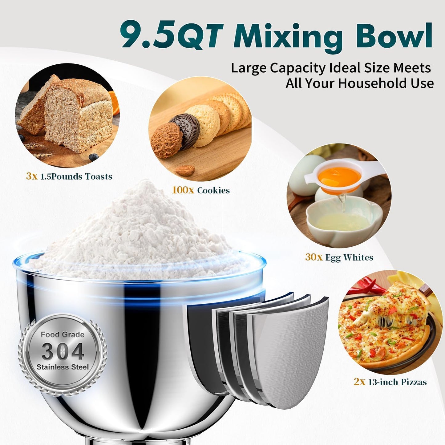 COOKLEE Stand Mixer, 9.5 Qt. 660W 10-Speed Electric Kitchen Mixer with Dishwasher-Safe Dough Hooks, Flat Beaters, Wire Whip & Pouring Shield Attachments for Most Home Cooks, Black