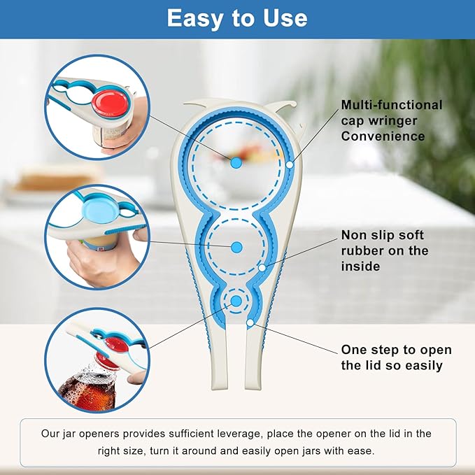 2 Pack, 5-in-1 Jar Openers for Weak Hands, Multi Function Jar Openers For Arthritis Seniors, with Durable Non Slip Rubber and Jar Opener Gripper Easy to Use (Blue+White)