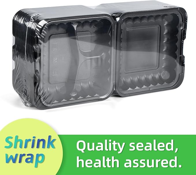 Takeout Container Mineral Filled PP Plastic - 7.8 Inch 30oz 65 Pack BPA Free 3 Compartments Shrink Wrap Bento Box | Freezer & Microwave Safe for Picnic | Black Reusable & Disposable Containers