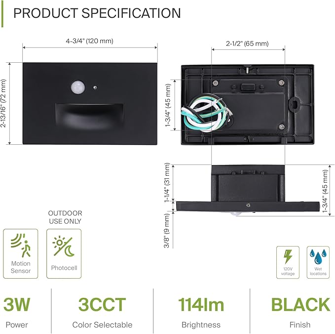 ASD LED Recessed Step Light Fixture, Dusk To Dawn Outdoor Tread Lighting | 3CCT, Motion Sensor, Photocell, Waterproof, ETL Listed | 3W 120LM 3000K-5000K 120V | Staircase Hardwired Illumination | Black