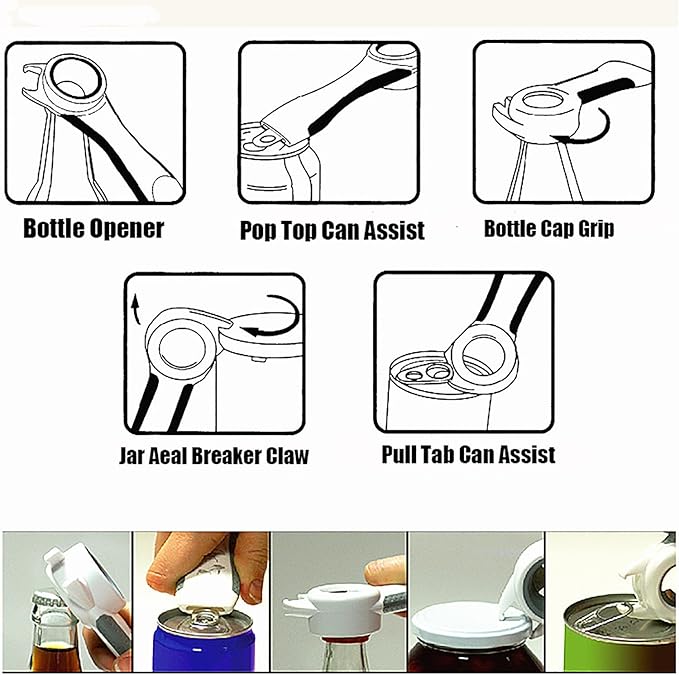 5 in 1 Lids off Jar Opener, Bottle Opener, Ideal For Women, Kids, Seniors - for Multipurpose Kitchen Tool, Easy open. White