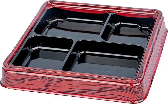 Restaurantware-Bento Tek 17.9 Ounce Meal Prep Containers, 100 Disposable To Go Food Boxes - Lids Sold Separately, 4 Compartments, Red And Black Plastic Bento Lunch Boxes, Freezable, For Take Out
