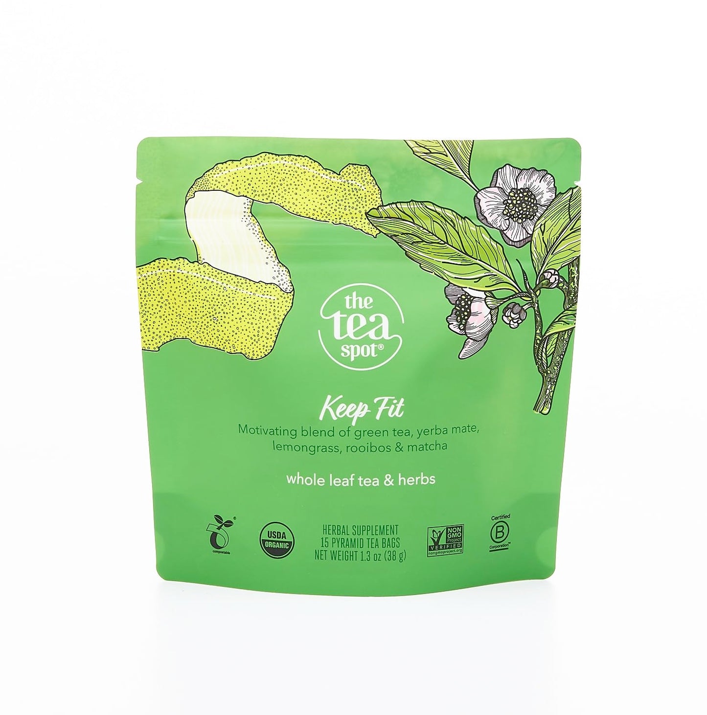 The Tea Spot Organic Keep Fit Green Tea with Yerba Mate and Matcha for Metabolic Support | Blend of Green Tea, Matcha, Yerba Mate, Rooibos, Lemongrass and Lemon Flavor | Caffeine-Free 15 Tea Bags
