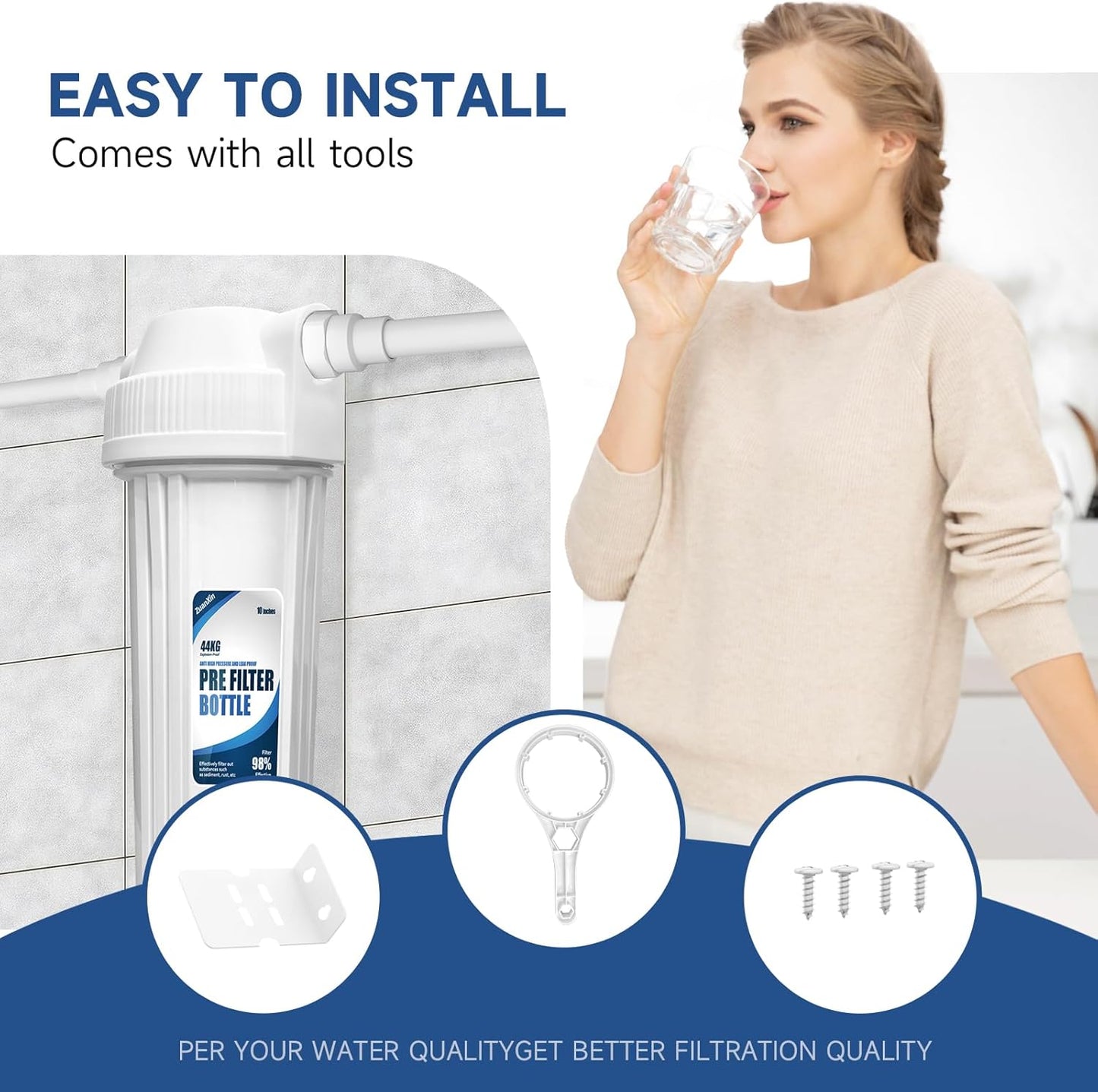 Whole House Water Filter Housing, Fit 10"x2.5" Sediment etc Filters for Well and City Water, Pre-Filtration System for Home, 3/4" Brass Port, Heavy Duty Steel Bracket, 4 Screws, Wrench