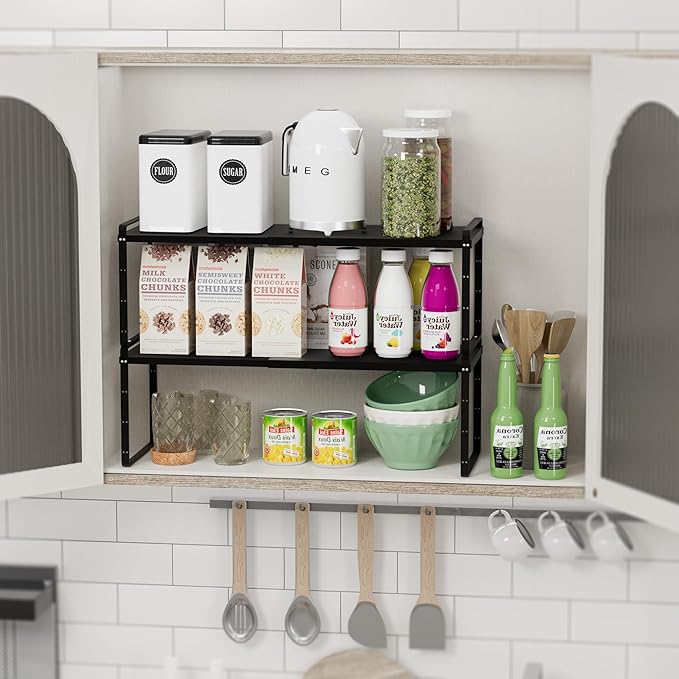 SANNO 3-Shelf Expandable Kitchen Organizer, Sturdy Metal Shelves, Stackable Counter Shelves, 16.54-27.17 inches Long, 60 lbs Weight Capacity