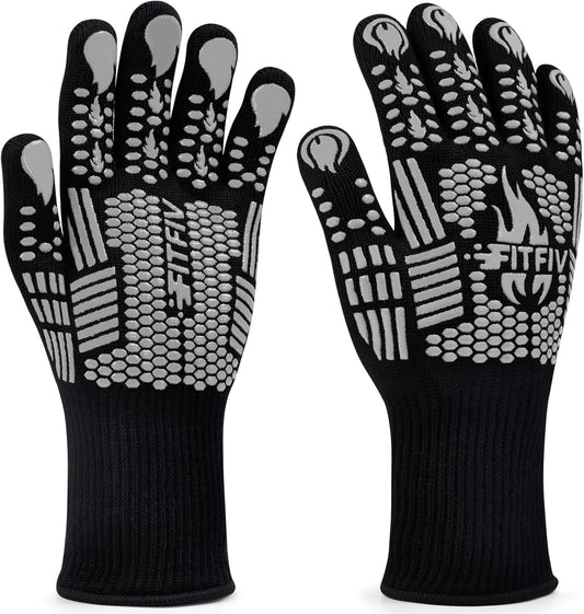 BBQ Gloves, Oven Gloves, Extreme Heat Resistant Barbecue Gloves, Silicone Non-Slip Oven Mitts, Kitchen Gloves for Cooking, Grilling, and Baking (Gray)