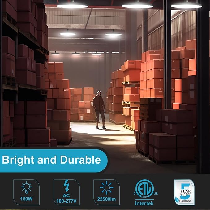 Lightdot Upgrade 150W LED High Bay Light AC100-277V 22500LM (Eqv. to 600W HPS/MH) UFO High Bay LED Shop Lights, ETL Listed UFO Lights with Plug for Warehouse (8 Pack)