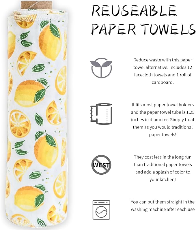 Reusable Paper Towels Washable，Pack of 12 Paperless Napkins Flannel Cotton Cloth 10"X12"with Cardboard Roll，Made to Last - Cut Back and Waste Less Eco Friendly（Lemons）
