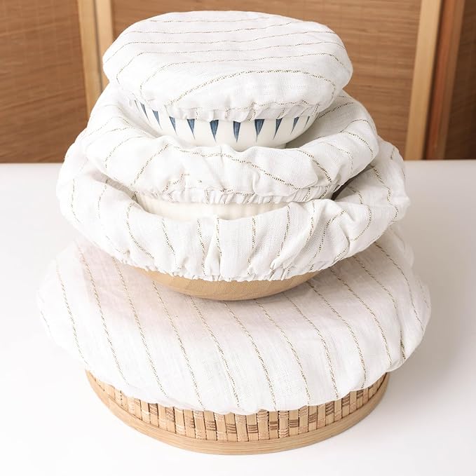 100% Linen Stripe Bowl Covers Reusable For Bread Proofing, 4 Pcs Elastic Cloth Fabric Bowl Covers, 5.9 * 7.9 * 9.8 * 11.8 Inches, White