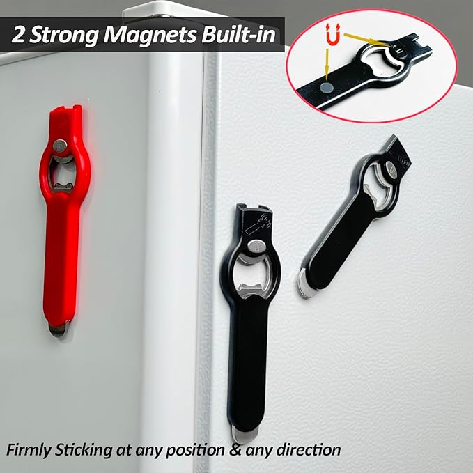 2-in-1 Magnetic Soda Can & Beer Bottle Opener-Dual Magnets for Fridge & Cap Catcher, Heavy Duty Stainless Steel, Perfect for Big Hands,Long nails, RV, Bartender, Gift for Father, Red, Openpro 2 Pack