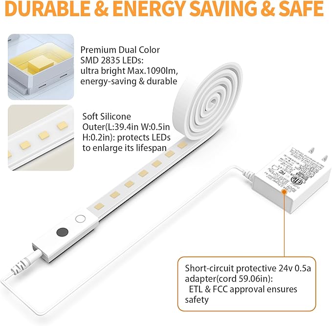 MY BEAUTY LIGHT 80in Smart Under Cabinet Lights, Handwave Sensor Under Counter Lights for Kitchen, 2700K-6500K 1090lm Stick-on Closet Light, Slim Cuttable Plug and Play Kitchen Lamp, 2 Rolls of 40in