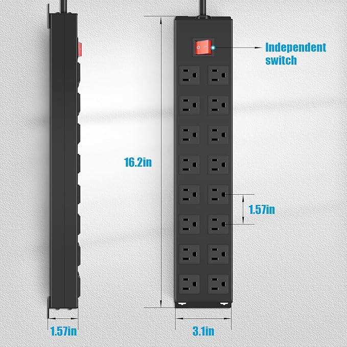 HHSOET Metal 16 Outlet Mountable Power Strip, Wall Mount Garage Workbench Socket, Gaming Table Surge Protector with 3 FT Power Cord.(Black)