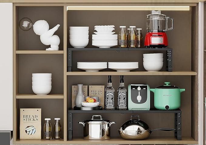 Expandable Cabinet Shelf Organizer Storage Spice Rack Shelves for Kitchen Stackable Adjustable Pantry Cupboard Bathroom Countertop Desktop(2Packs/Black/Large)