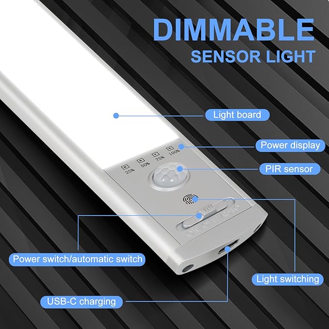 Under Cabinet Lighting, 4Pack Motion Sensor Light Indoor with 3 Color Temps, Rechargeable Under Counter Lights for Kitchen,Dimmable Closet Lights Battery Operated, 76 LED Motion Sensor Light Indoor