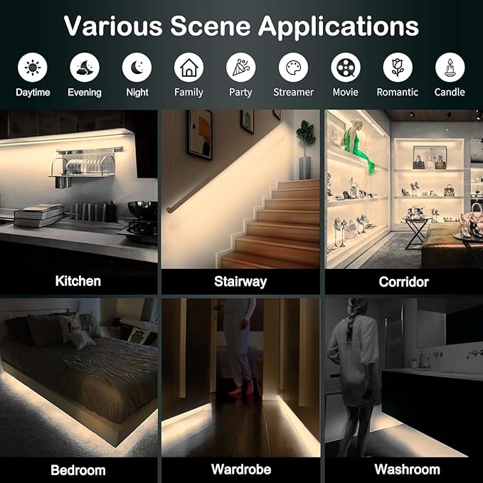 Motion Sensor Lights Indoor Plug-in LED Step Lights Strip with Power Timer Dimmer Multi-Functional Controller for Stairway Kitchen Cabinet Bedroom Corridor Washroom Counter Shelf Showcase