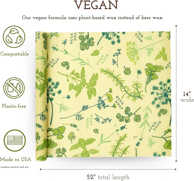 Bee's Wrap Vegan Beeswax Wraps for Food - Herb Garden Cut to Size 14x52" Wax Paper Roll - Made in USA Reusable Waxed Paper Bowl Covers, Organic Eco-Friendly Alternative to Aluminum Foil & Plastic Wrap