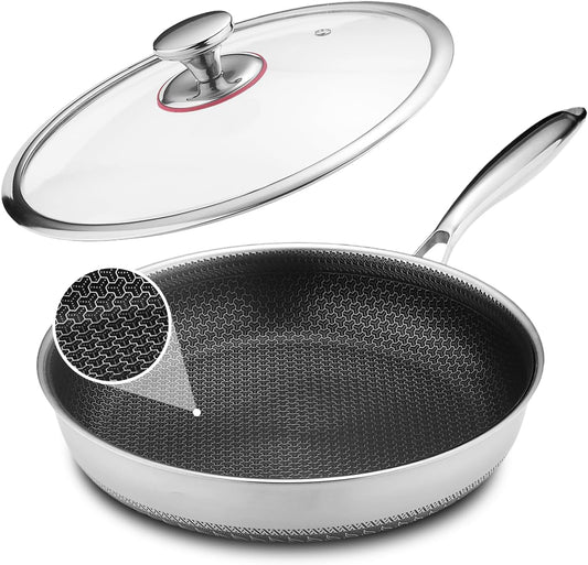 Lazycorner Non Stick Frying Pans Skillet with Lid, 12 Inch Stainless Steel Kitchen Cookware Pots, Non toxic Healthy Induction Compatible PFAS PTFE PFOA PFOS Free
