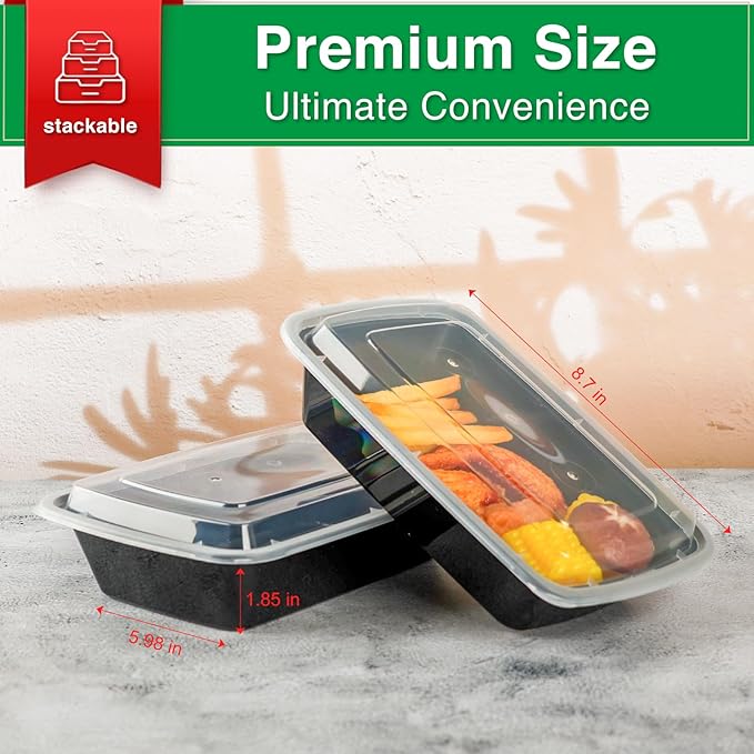 Meal Prep Containers Reusable 50 Pack-34 oz Food Storage Containers with Lids To Go Food Containers Takeout, Microwave Dishwasher Freezer Safe, Stackable, BPA Free, Plastic (Black)