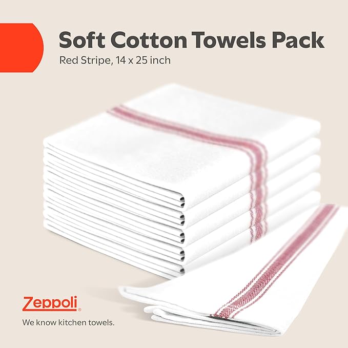 Zeppoli Classic Kitchen Towels -15 Pack 100% Natural Cotton Towel Set, Reusable Wash Cloths, Absorbent Dish Towels, Machine Washable Hand Towels, Kitchen Essentials - 14" by 25 - Red Striped