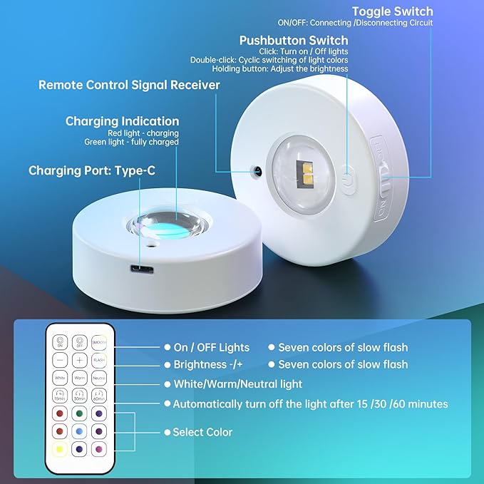 Under Cabinet Lighting Wireless,Puck Lights with Remote,LED 1200mAh Rechargeable,12 Colors RGB Indoor Cloest Light,Magnetic Night Lights,for Bedroom Kitchen Shelf Hallway Stairs 6 Pack