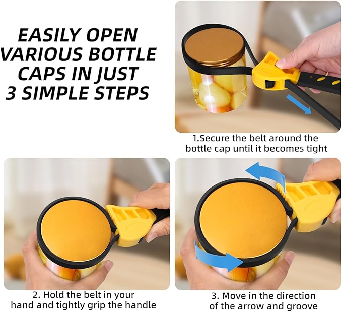Jar Opener for Weak Hands, Seniors with Arthritis, Strap Adjustable Jar Opener, with Non Slip Rubber, Kitchen Gadgets lid opener jar opener (Yellow Black)