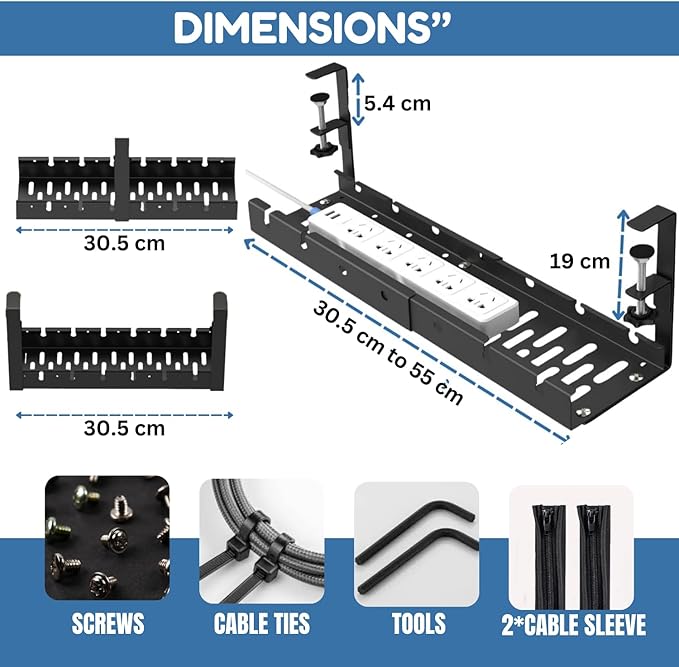 Extendable Under Desk Cable Management Tray | No Drill Adjustable Height Standing Desk Wire Organizer with Screw Mount Clamp & 2 Pcs Cable Sleeves | Under Table Cord Management with Tools, Accessories