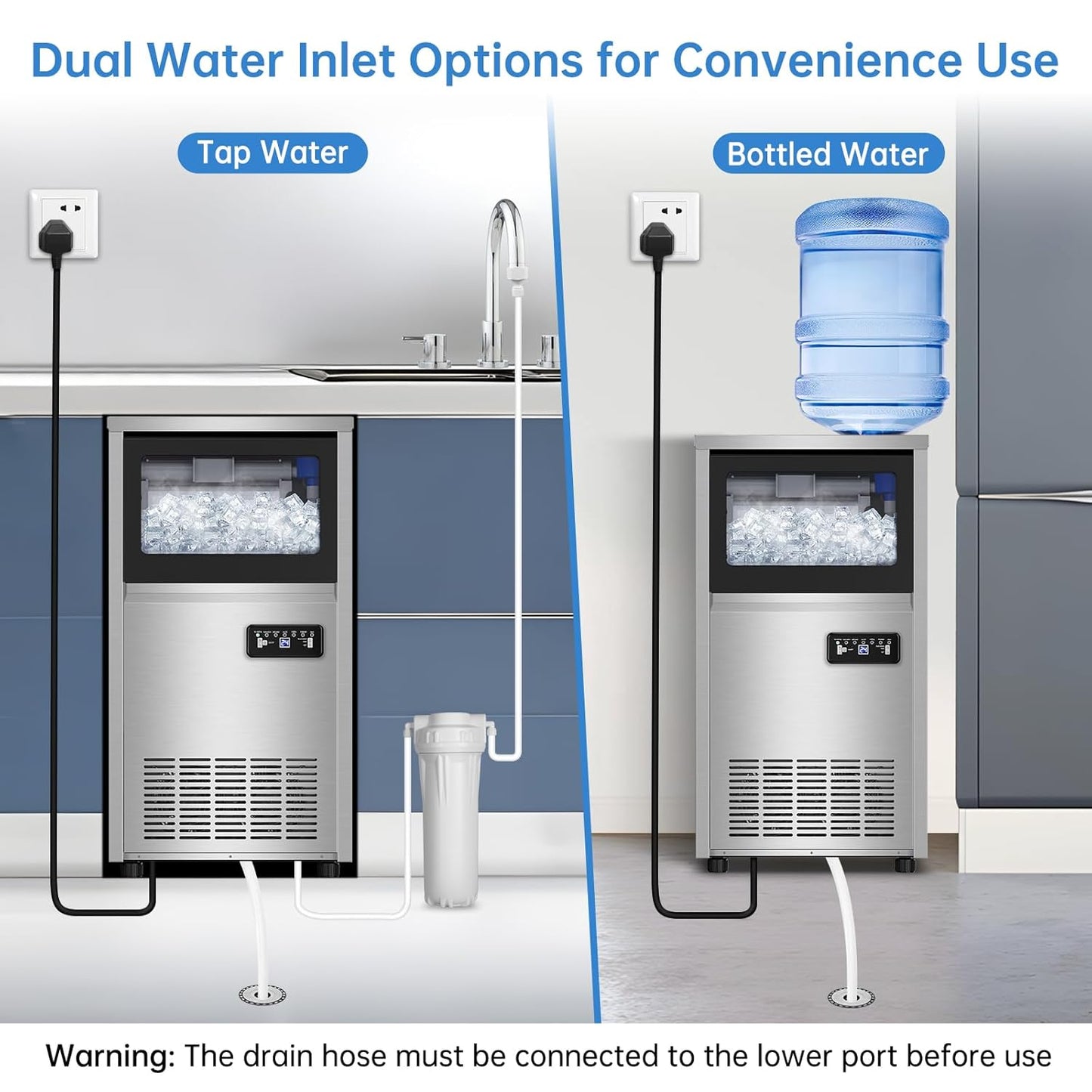 Ice Machine Commercial Ice Maker Machine, 150 Lbs /24H, 30 lbs Bin, Under Counter Built-in or Freestanding, Stainless Steel Household Use, Restaurant Bar Kitchen Cafe