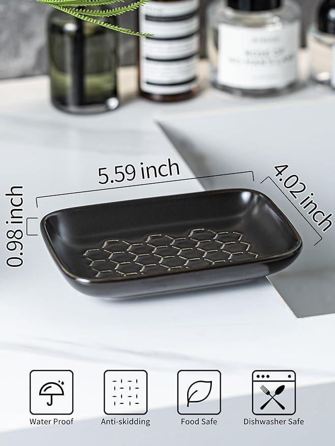 Gomakren Soap Dish for Shower, Bar Soap Holder, Ceramic Soap Dishes for Bar Soap, Halloween Sponge Holder Soap Saver Soap Tray for Bathroom Kitchen Sink, 5.5 Inch, Black