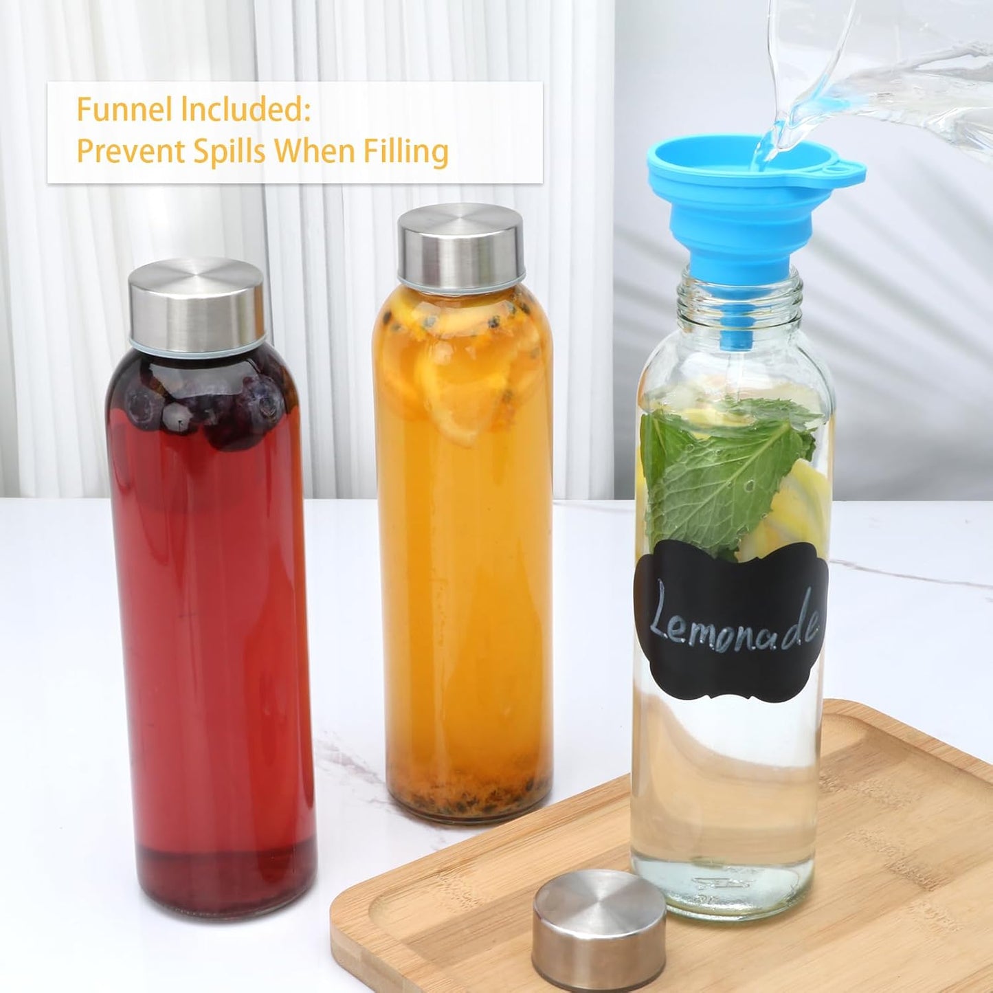 Brajttt Glass Juice Bottle with Lids,16oz Juicing Bottles Reusable, Clear Glass Water Bottles 16 oz with Stainless Steel Airtight Cap,Juice Beverage Container, Leak Proof，Set of 8