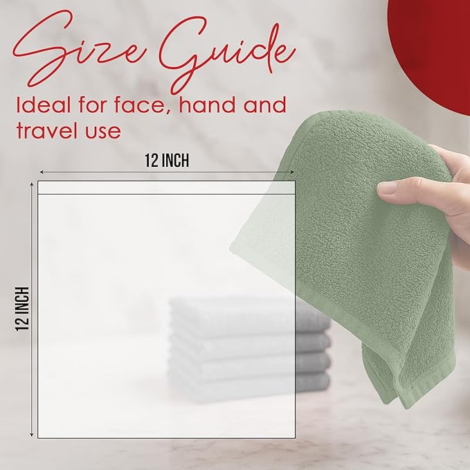RIVERSIDE 24 Pack Washcloths Set - 100% Cotton [12x12 Inches] - Soft, Quick-Dry & Highly Absorbent Face Towels - Perfect for Bathroom, Gym, Hotel, Spa & Travel - Sage Green