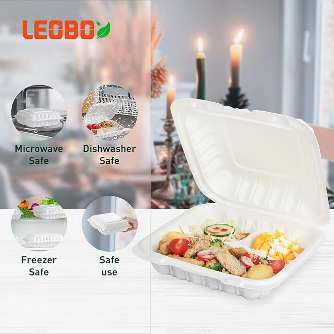 Takeout Container Mineral Filled PP Plastic - 55 Pack 8 Inch 34oz | Shrink Wrap BPA Free Food Container | Freezer & Microwave Safe for Food Delivery | White 3 Compartment Disposable Lunch Boxes
