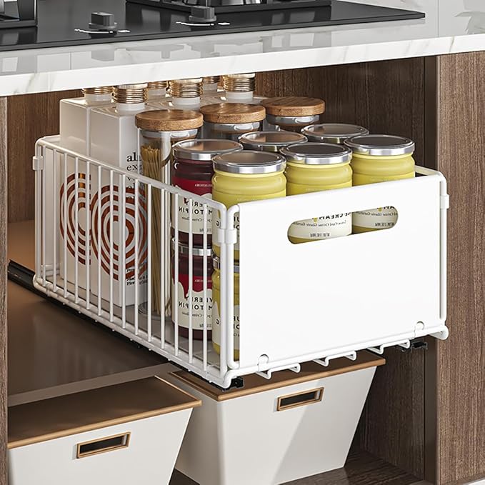 Pull Out Cabinet Organizer Slide Out Drawer Storage Shelves Cupboard Organiser Sliding Cabinet Basket for Kitchen No Drilling and Nailing (White, 4Piece 9.8"W X15"D X 7.5"H)