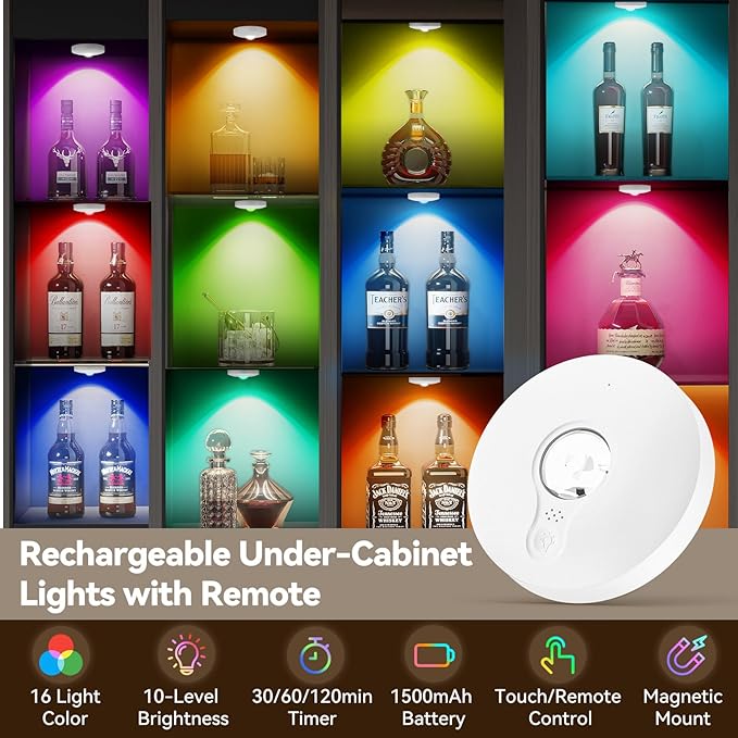 Rechargeable Puck Lights with Remote, 6 Pack Magnetic Under Cabinet Lighting, 1500mAh Battery Operated LED Tap Lights with Dimmer & Timmer for Kitchen, Closet, Shelf - 3 Color Temps & 12 RGB, White