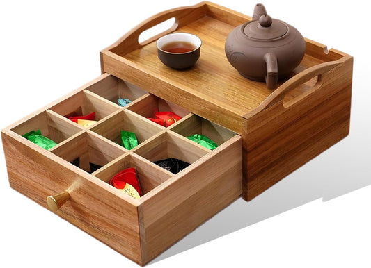Tea Bag Holder Organizer, Tea Storage Organizer, Acacia Wood Drawer Interior 9 Grids & Teapots and Cups Can Be Placed on Top 10.4"X8.3"X5.4" Storage Box for Kitchen Countertop Organizer