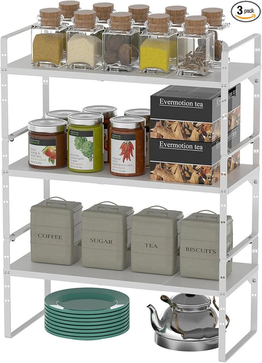 Redrubbit Expandable Cabinet Shelf Organizers, Stackable Kitchen Counter Shelves Spice Rack for Kitchen Bathroom Pantry Cupboard Desk Home Office, Metal Plate Heavy Duty Nonslip White, Set of 3