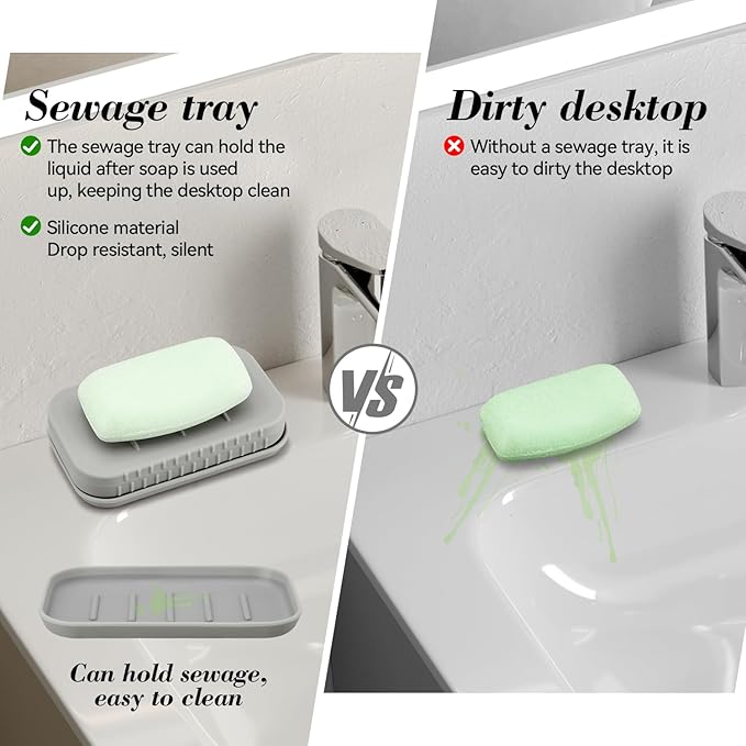 2-in-1 Silicone Soap Holder & Brush Set with Built-in Soap Saver Compartment, Includes a leak-proof soap tray+body brush, Unbreakable&Noise-Free, Soap Dish with Soft Brush, Brush with Soap Dish (grey)