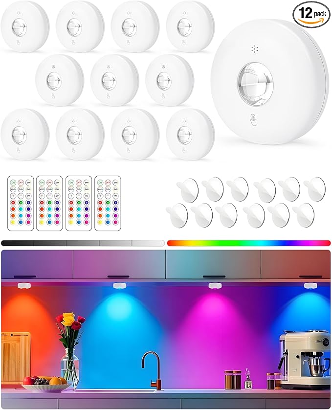 Yiliaw LED Puck Lights with Remote, Magnetic AAA Battery Operated Light, Under Cabinet Lighting, Tap Lights with Dimmer & Timmer for Kitchen, Closet, Shelf - 12 Pack, White