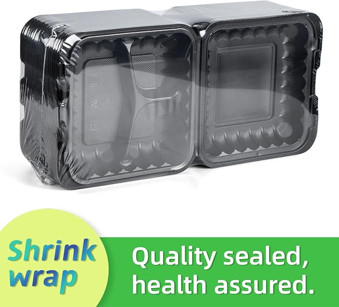 Food Containers Mineral Filled PP Plastic - 55 Pack 34oz 8 Inch | Shrink Wrap BPA Free Lunch Boxes | Freezer & Microwave Safe for Meal Prep | Black 3 Compartment Disposable Takeout Container