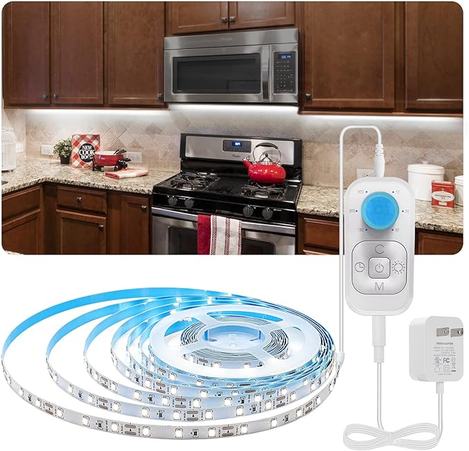 Motion Sensor LED Strip Light - Cabinet Strip Lights with 24W Plug, Dimmer and Timing, Indoor Light Strips for Kitchen Cabinets, Stair, Under Bed, Showcase, Bedroom, 9.84ft 6000K ColdWhite