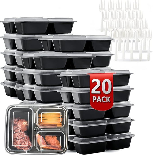 Meal Prep Containers 3 Compartment 20 Pack, 32 oz Divided Reusable Food Storage Containers with Lids Takeout Food Storage Black with 20 Forks, Microwave Dishwasher Freezer Safe, BPA Free