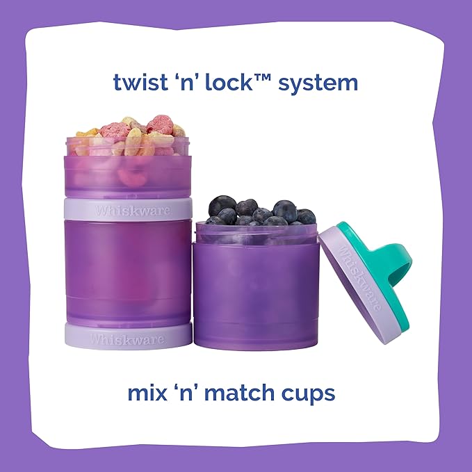 Whiskware Stackable Snack Containers for Kids and Toddlers, 3 Stackable Snack Cups for School and Travel, Green/Purple/Purple