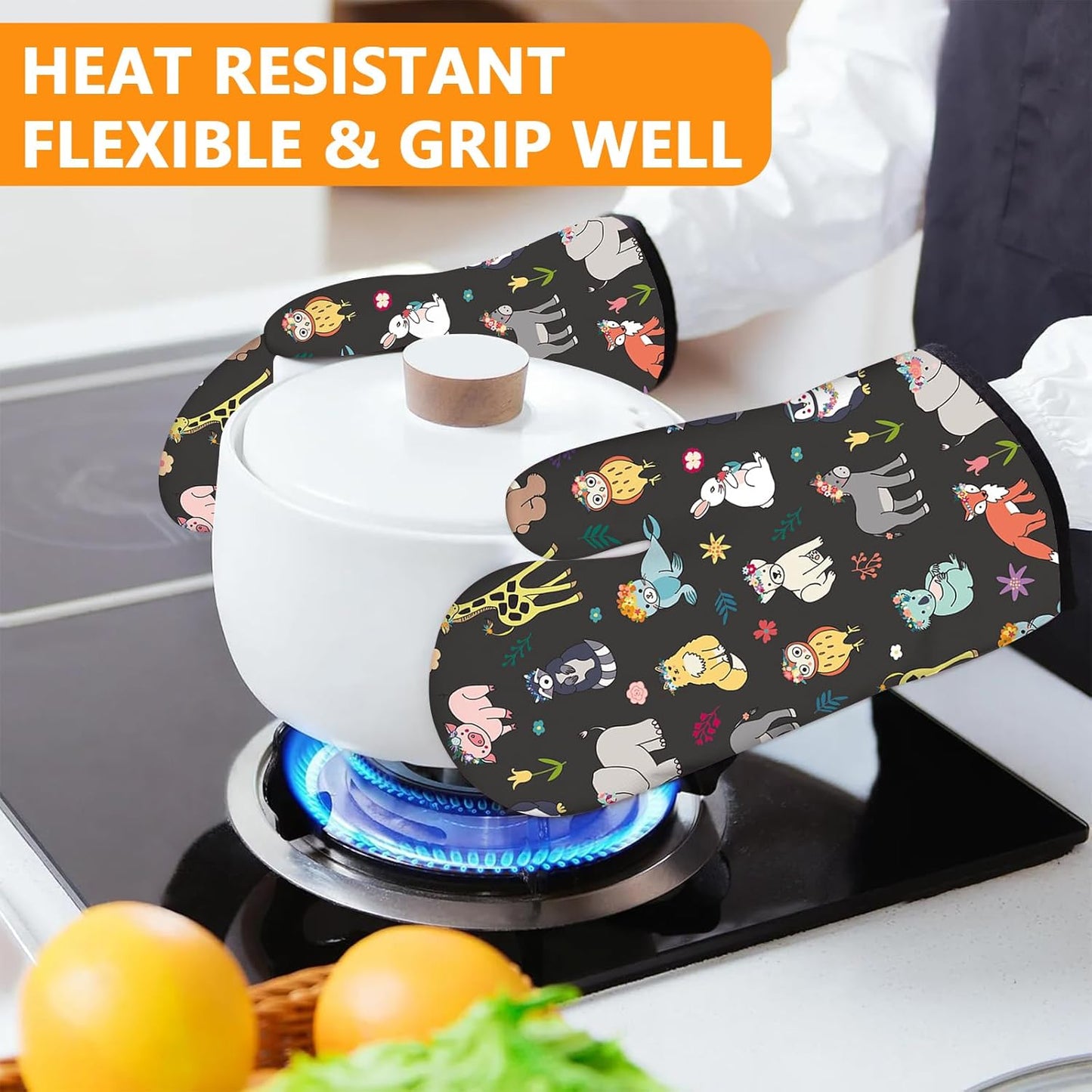Cute Animals Oven Mitts and Pot Holders Sets 4Pcs,Extra Long Oven Gloves Potholder for Kitchen Cooking Baking BBQ 100% Cotton Heat Resistant