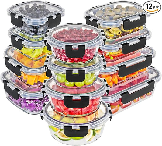 Magic Mill Borosilicate Glass Food Storage Containers with lids Set | Ultimate 24pc Sets with 12 Bowls & 12 Airtight Locking Lids for Lunch & Meal Prep, Safe for Oven, Freezer, Dishwasher, BPA-Free